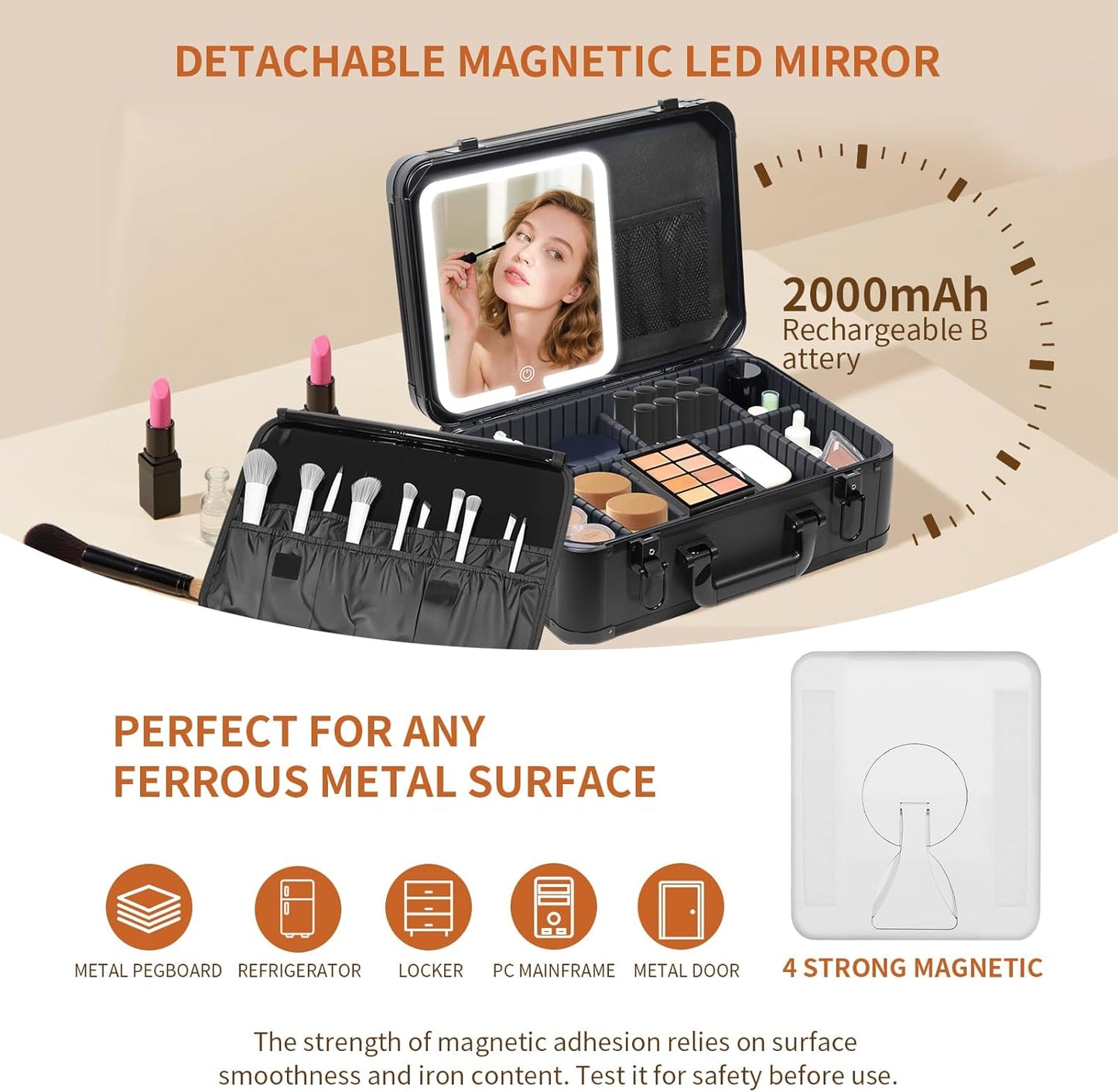 15"x11" Makeup Case with Lighted Mirror & Brush Holder - Waterproof Travel Organizer, Customizable Storage, Rechargeable LED Vanity for Women (black)