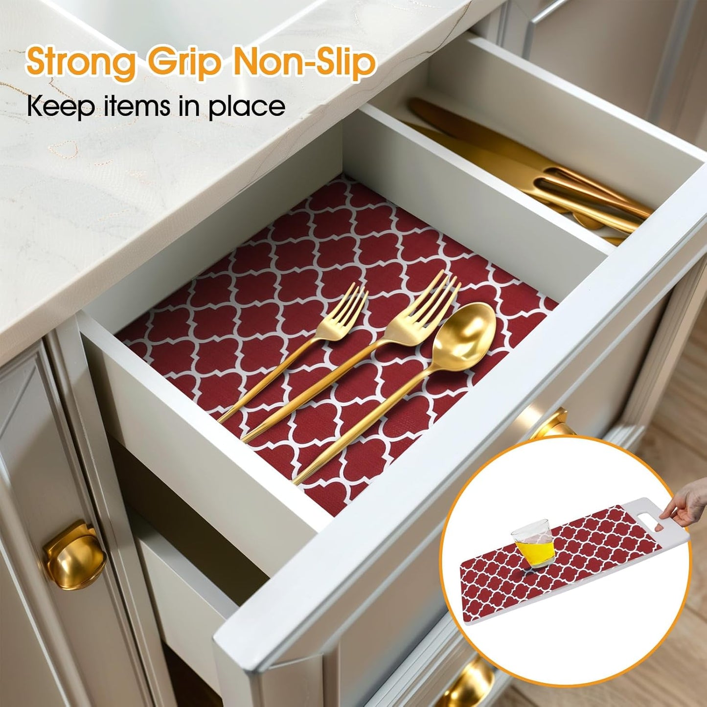 Shelf and Drawer Liner for Kitchen Cabinets Non-Adhesive, Strong Grip Non-Slip Thickened Cabinet Liners for Shelves, Waterproof Mats for Dresser Cupboard, Red/White, 23 in x 30 Feet