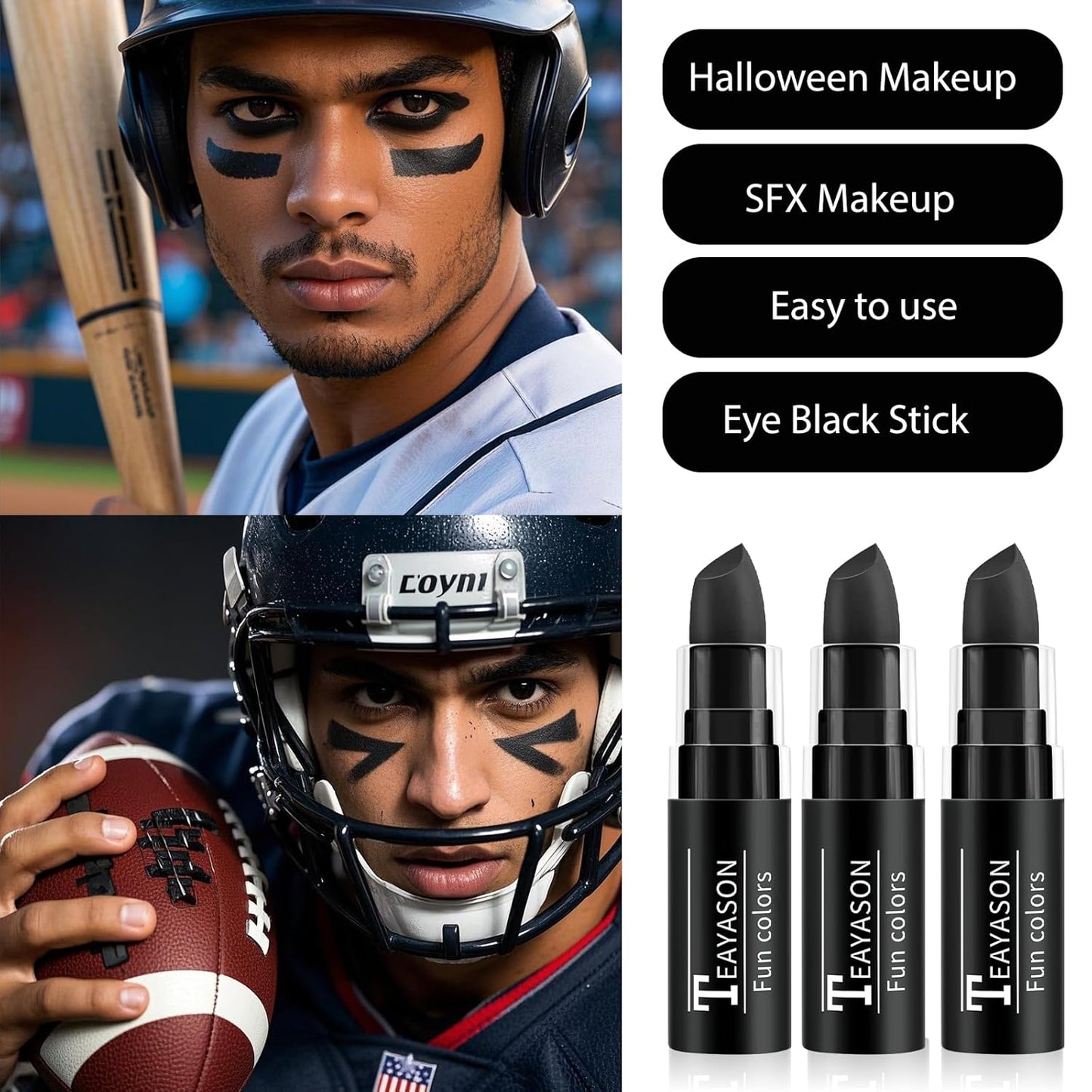 3PCS Eye Black Stick Face Body Paint Stick, Matte Black Lipstick, Long Lasting Waterproof Face Makeup for Halloween Zombie Clown Vampire Skeleton Skull Joker Cosplay Makeup Football Baseball Sport