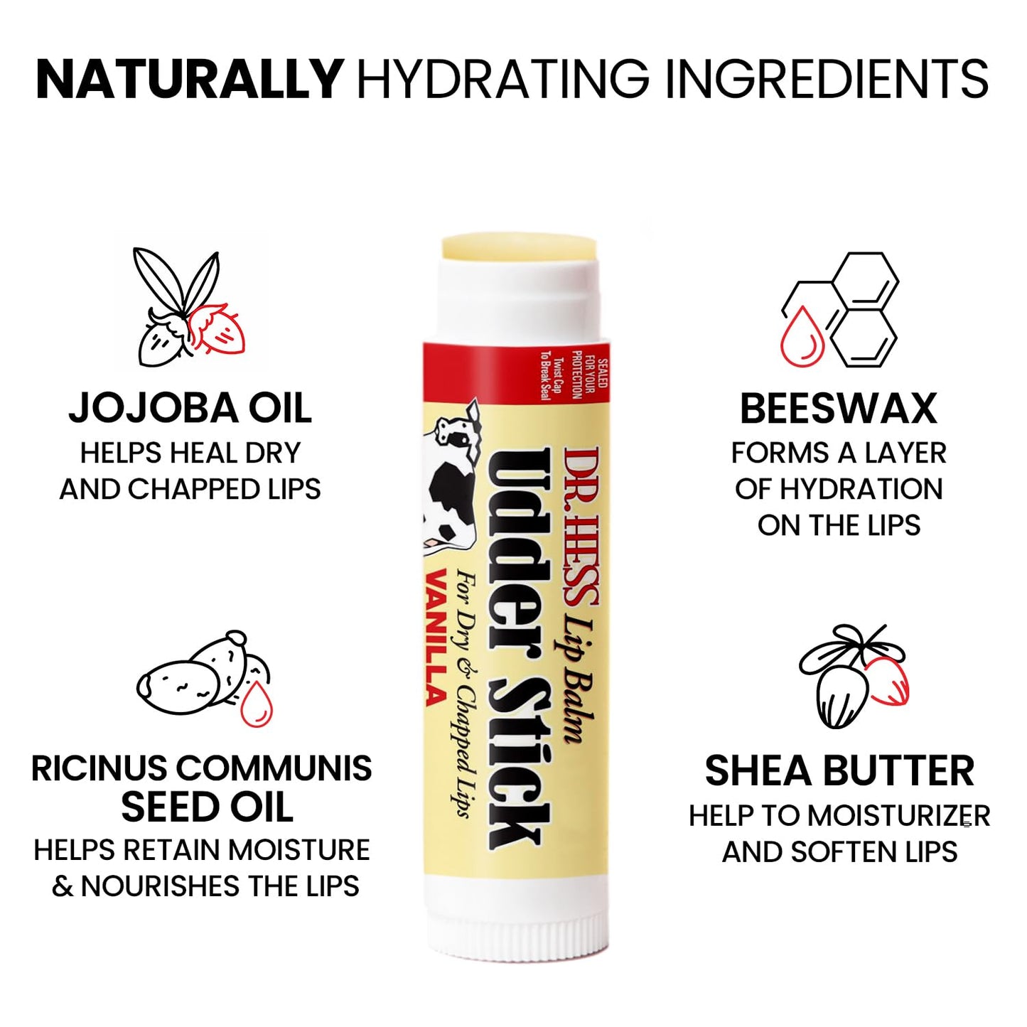 Dr. Hess Original Udder Stick SPF Lip Balm, Soothing Moisturizer Sun Screen Balm for Dry Lips with Jojoba, Beeswax & Shea Butter, Total Lip Care, Hydration & Repair, Vanilla Flavor, 4 Pack