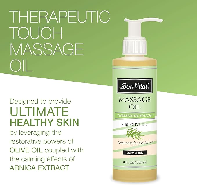 Bon Vital' Therapeutic Touch Massage Oil Made with Olive Oil to Repair Dry Skin & Soothe Sore Muscles, Lightweight Oil Perfect for Any Massage to Hydrate and Nourish Dry, Rough Skin, 8 Ounce Bottle
