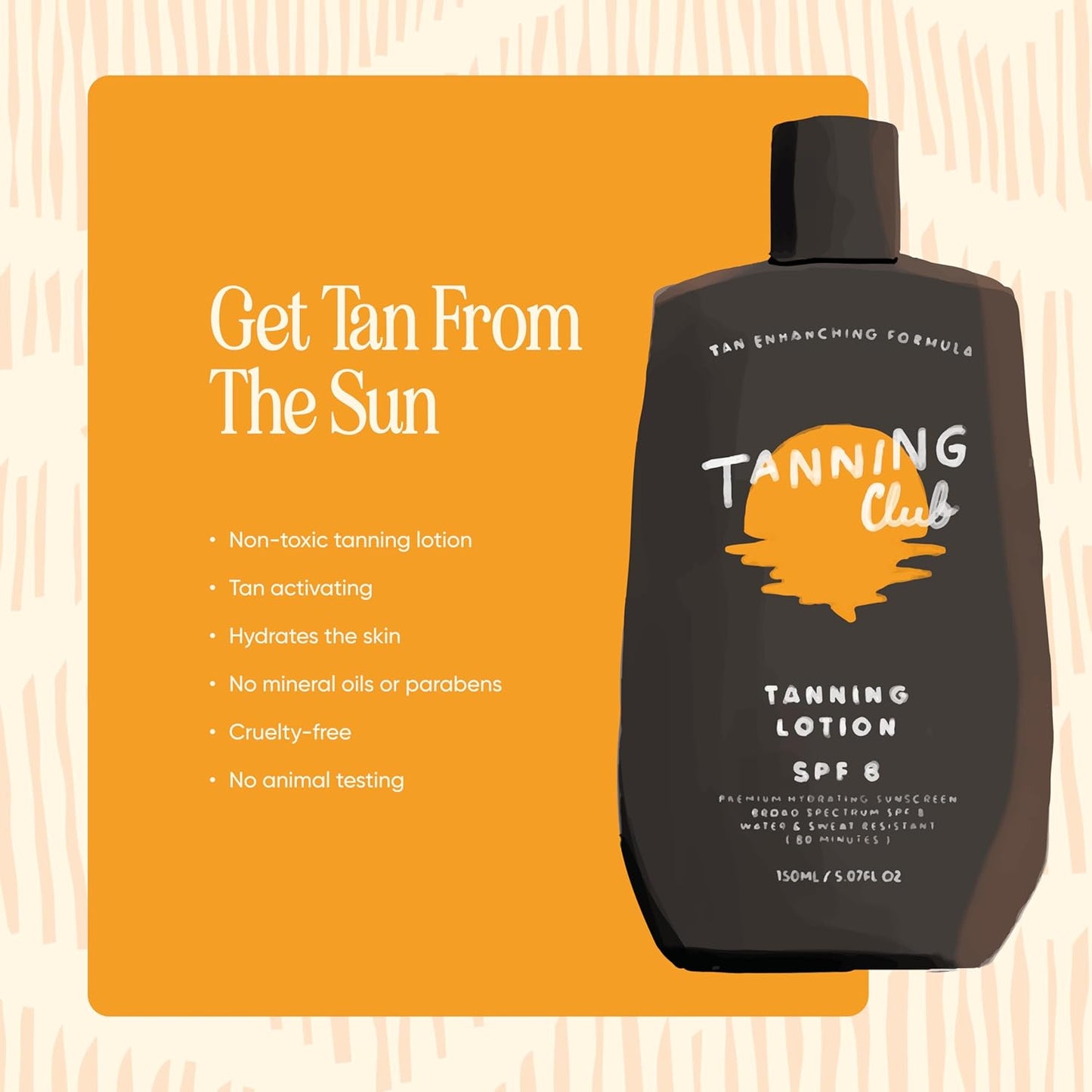 Tanning Club - Tanning Lotion SPF 8 - Hydrating Sun Care with Beta-Carotene, Green Tea, and Aloe - Water and Sweat Resistant (80 Minutes) - 150 ml