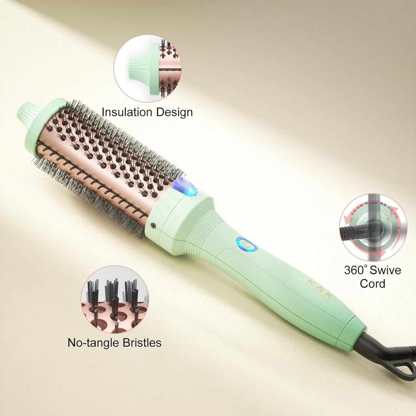 K&K Pro Thermal Brush, 1 1/2 Inch Ionic Heated Round Brush for Blowout Look, Tourmaline Ceramic Hot Bristle Get Natural Curls, Creates Salon-Quality Blowouts, Dual Voltage for Travel