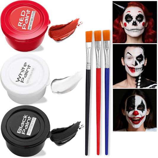White Foundation + Black Red Face Body Paint for Halloween Makeup, Face Painting Kit with Brush, Skin-Friendly & Non-Toxic Face Paint Suitable for Cosplay Parties, Stage Plays, and Halloween Makeup