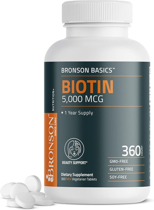 Bronson Biotin 5,000 MCG Supports Healthy Hair, Skin & Nails & Energy Production - High Potency Beauty Support - Non-GMO, 360 Vegetarian Tablets