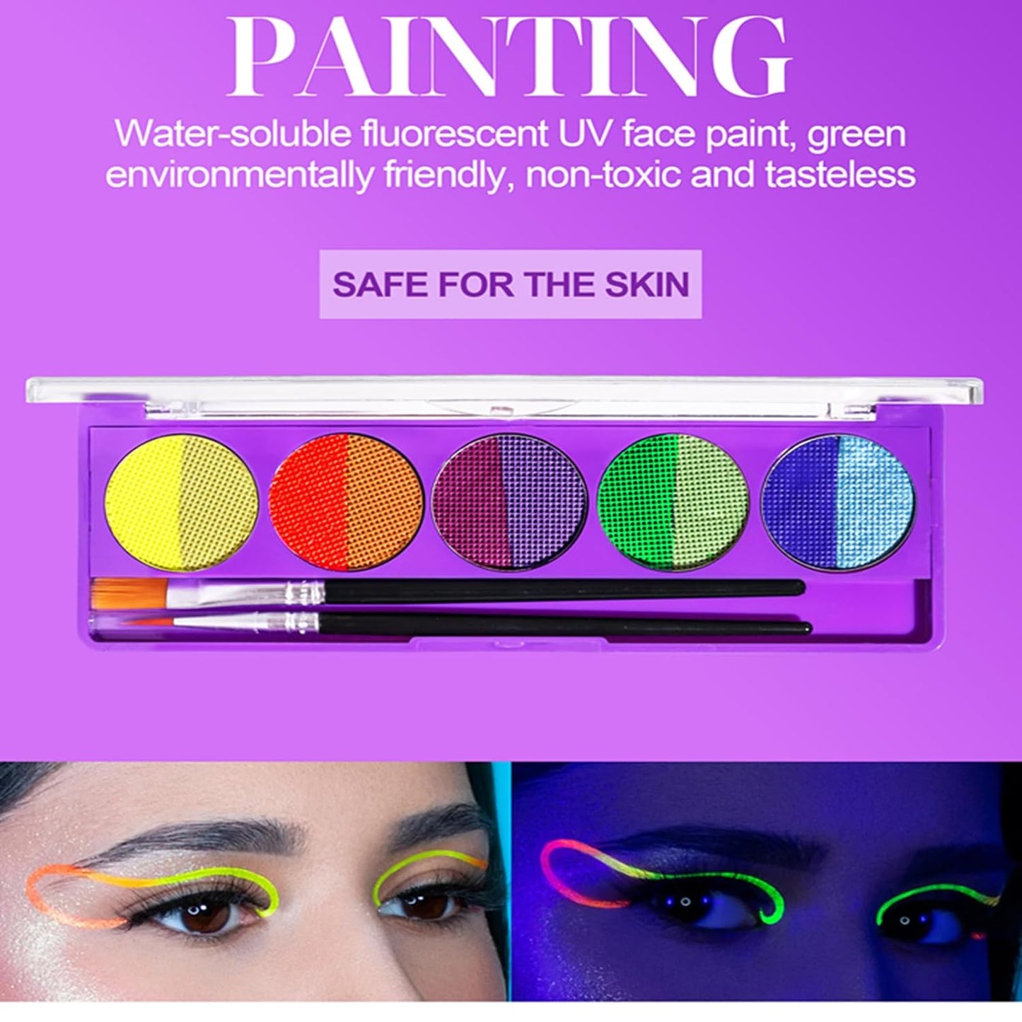 2 Packs Water Activated Eyeliner Palette, Halloween Neon Rainbow Colorful Face Body Paint Colored Liner Makeup Matte Eyeliner with Eyeliner Brushes U V Glow Fluorescent Black White Paint Makeup Set