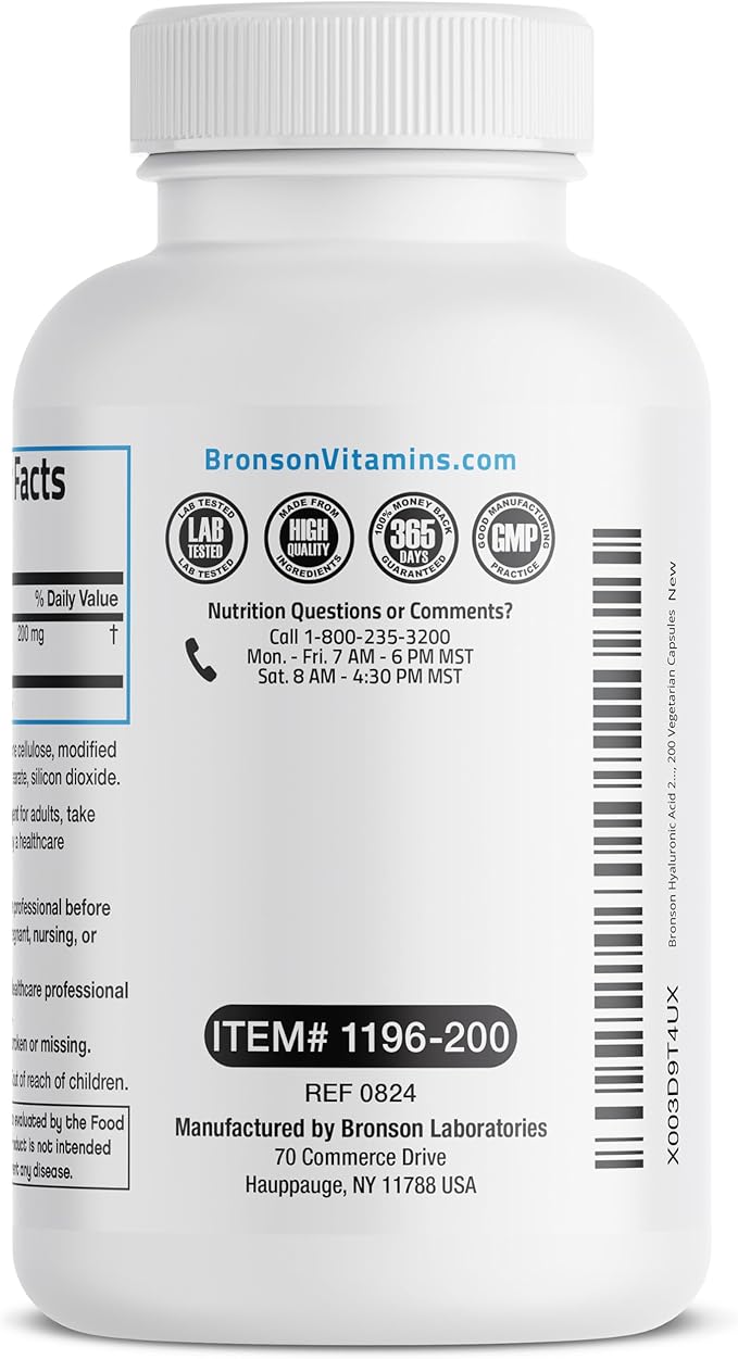 Bronson Hyaluronic Acid 200 MG High Potency Joint Health & Healthy Skin Support, Non-GMO, 200 Vegetarian Capsules