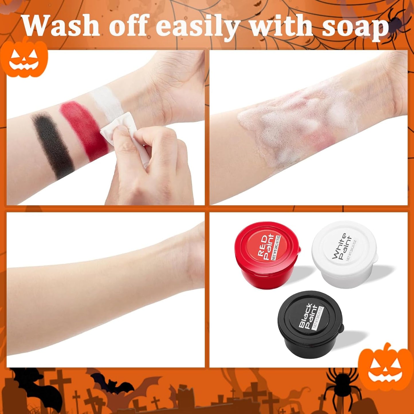 White Foundation + Black Red Face Body Paint for Halloween Makeup, Face Painting Kit with Brush, Skin-Friendly & Non-Toxic Face Paint Suitable for Cosplay Parties, Stage Plays, and Halloween Makeup