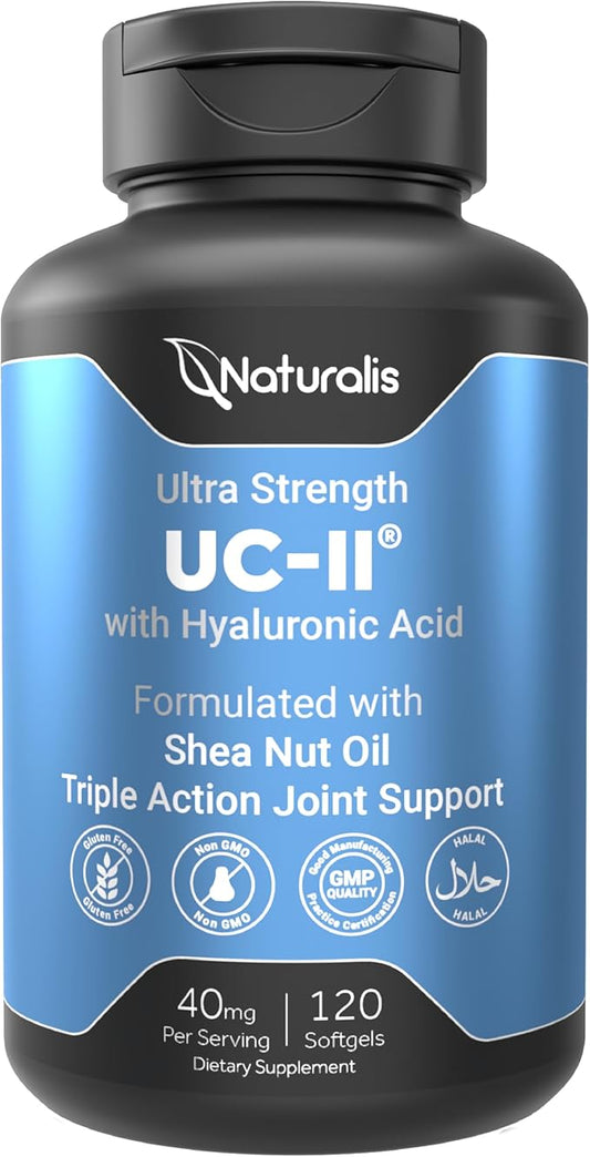 UC-II 40 mg with Hyaluronic Acid and Shea Nut Oil | Enhanced Undenatured Type II Collagen for Better Joint Health, Mobility & Flexibility | Gluten-Free & Non-GMO | 120 Softgels