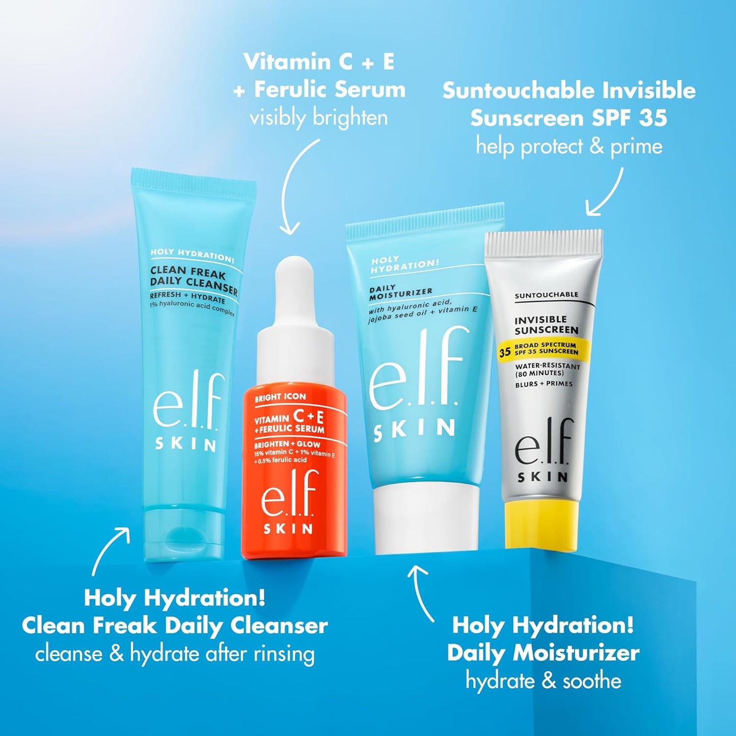 e.l.f. SKIN Wake the e.l.f. Up Skincare Kit, Travel-Size Hydrating Face Cleanser, Sunscreen, Moisturizer & Brightening Serum, Vegan & Cruelty-Free