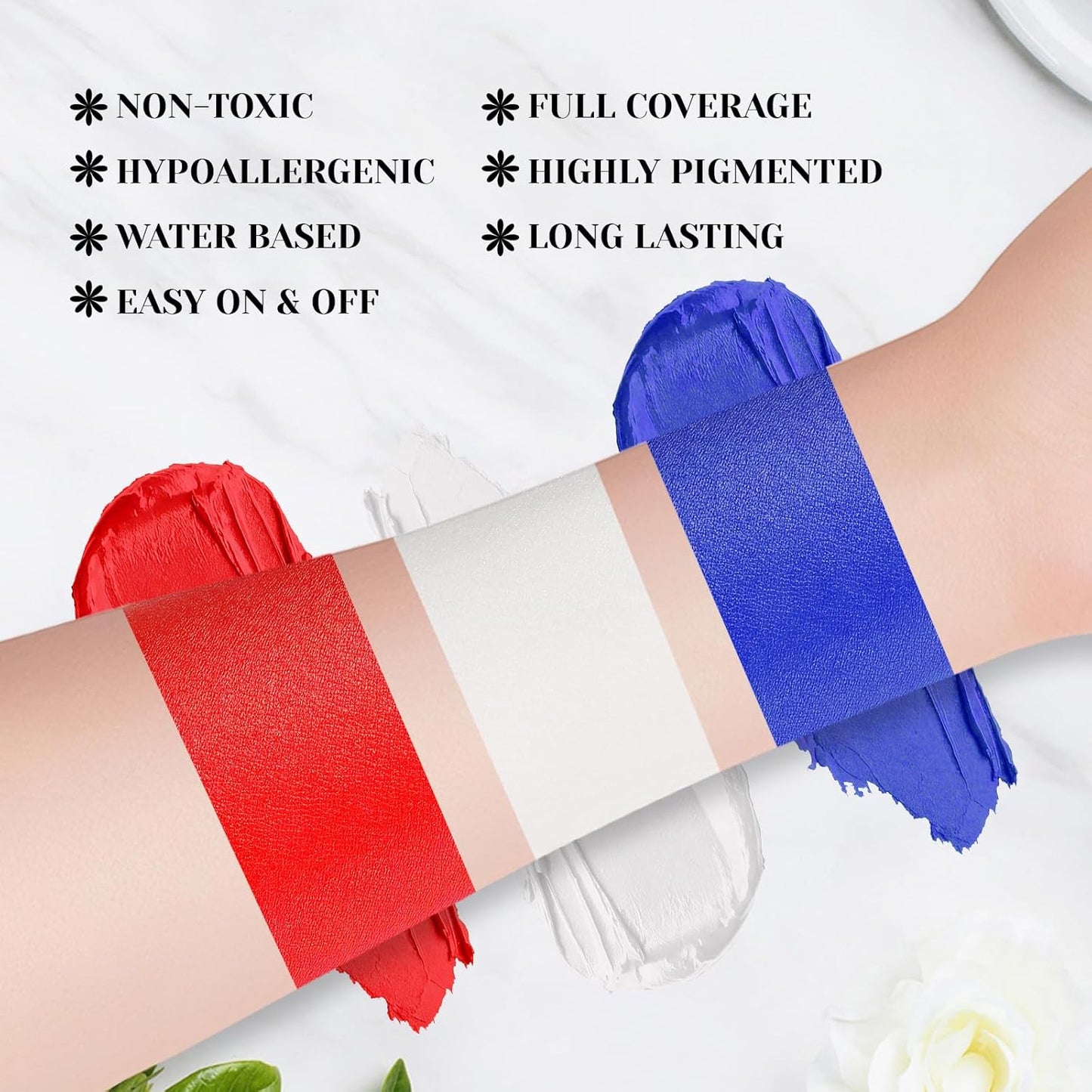 Red White Blue Face Body Paint Stick Set with Translucent Setting Powder and Sponges, Full Coverage Face Painting for 4th of July Pride Independence Day or America's Patriotic Veterans Events