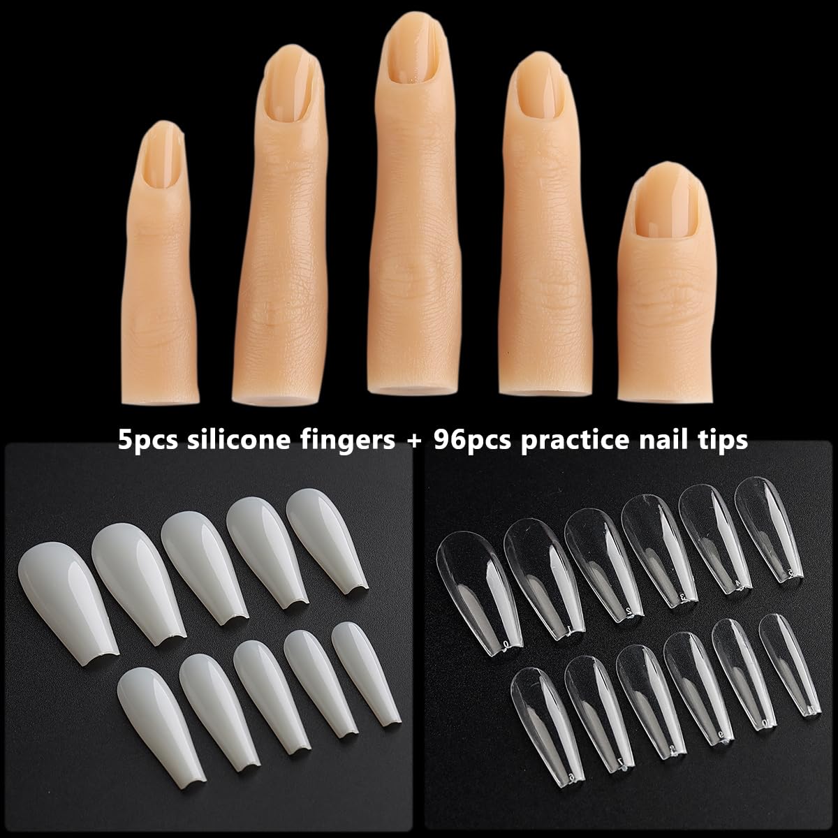 Silicone Practice Fingers for Acrylic Nails, 5PCS Soft Fake Fingers for Nails With 96PCS False Nail Tips, Nail Training Mannequin Finger, Nail Practice Hand for Acrylic Nail Kit