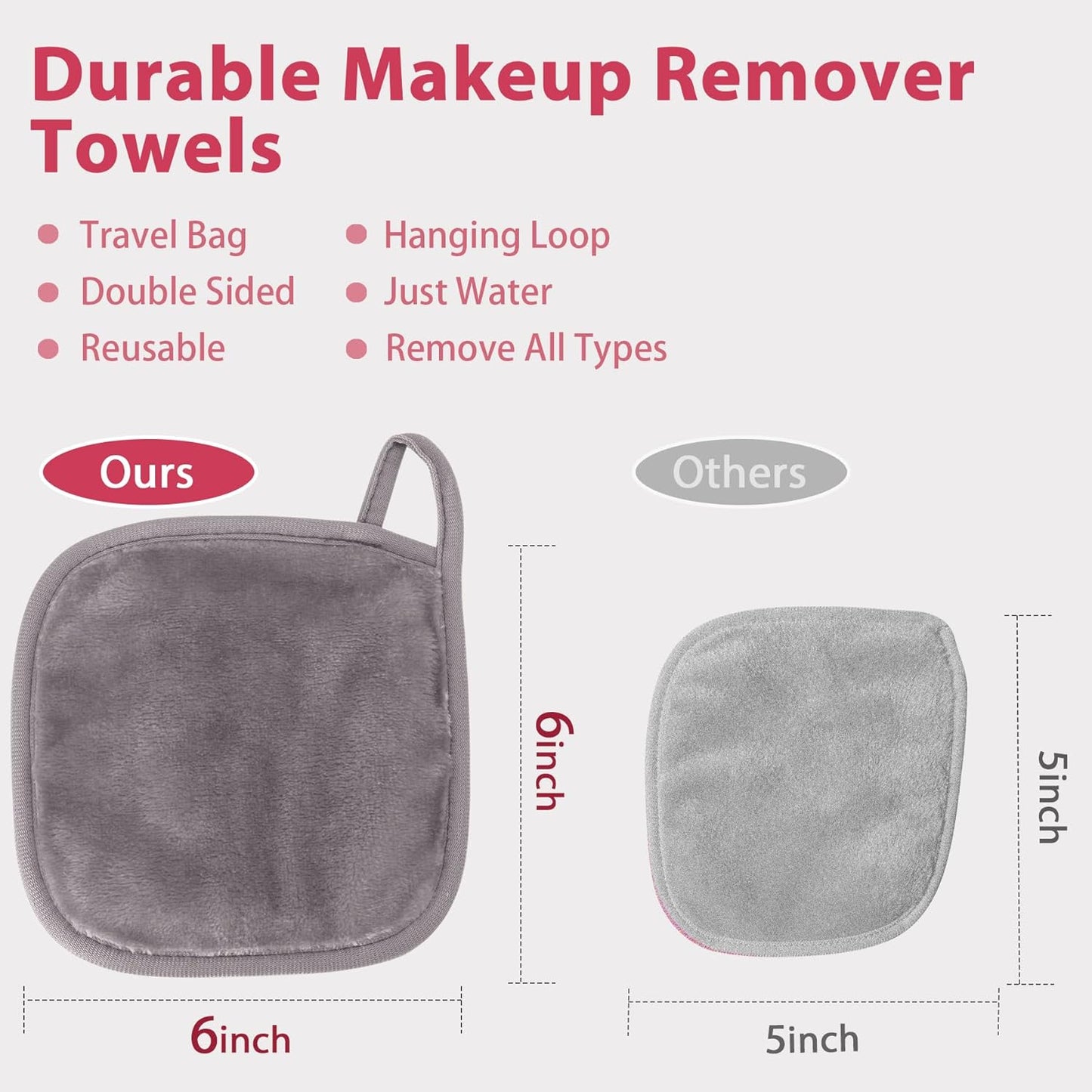 Makeup Remover Cloth, 6" x 6" Make Up Towels Reusable Face Cloth for Washing Face, Makeup Remover Pads Microfiber Face Washcloth with Mesh Bag, Just Water, 12 Pack, Cool Grey