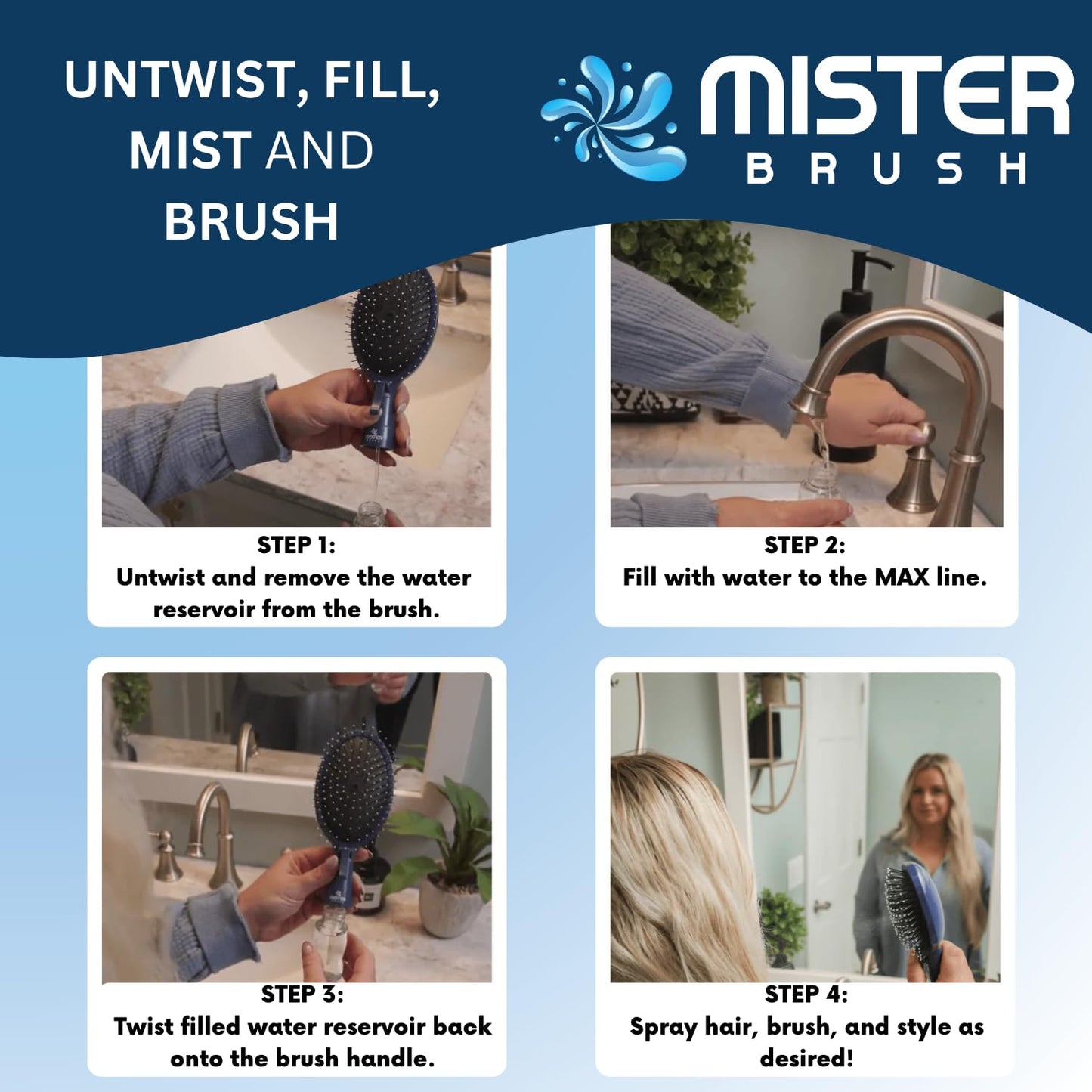 Navy All in One Brush + Mister - 2 in 1 - Detangling Brush - No More Hair Hassle