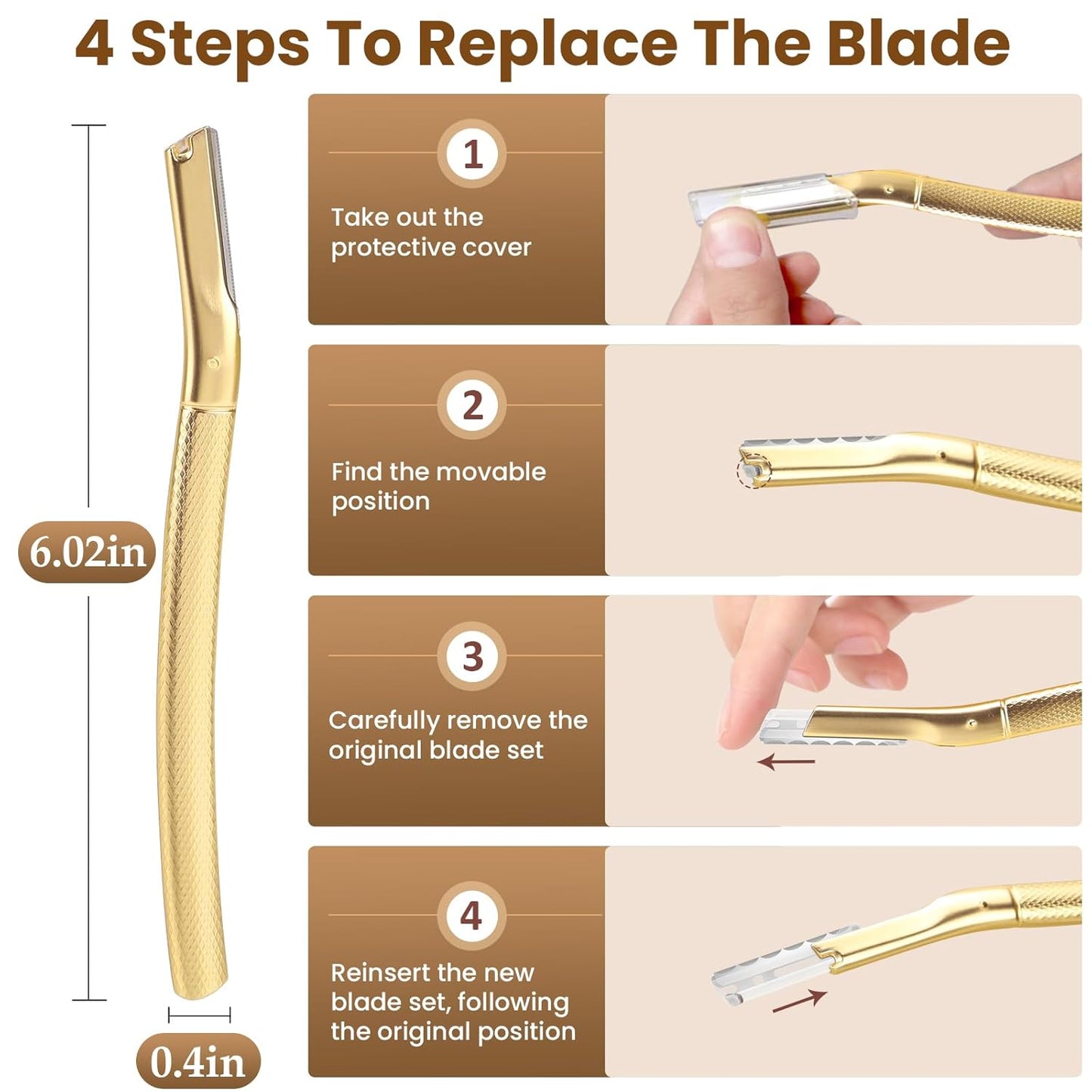 Dermaplaning Tool for Face, Dermaplane Razor for Peach Fuzz with Metal Grip, Professional Eyebrow Razor for Women, Facial Razor for Women Gold (12 Replaceable Blades)