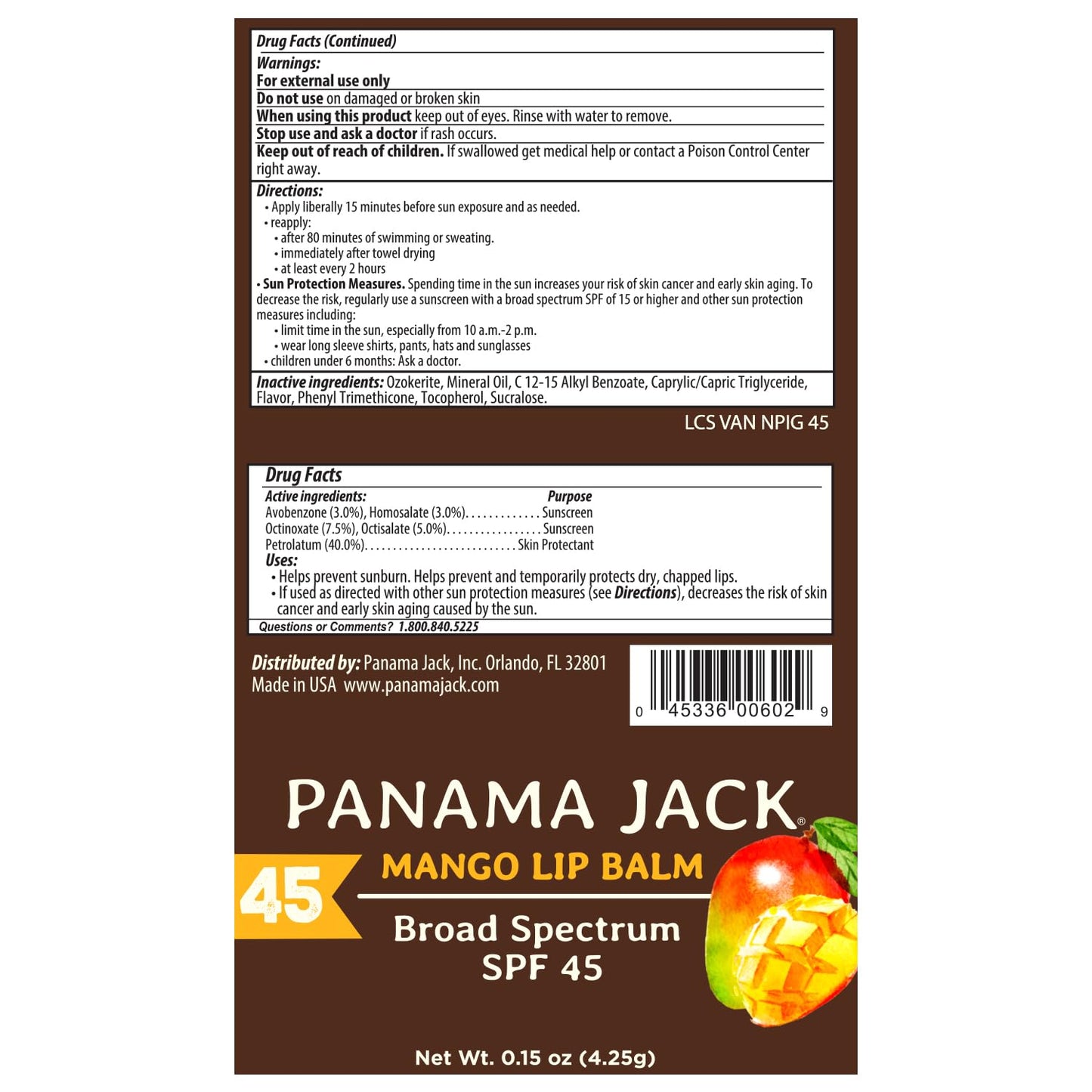 Panama Jack Sunscreen Lip Balm - SPF 45, Broad Spectrum UVA-UVB Sunscreen Protection, Prevents & Soothes Dry, Chapped Lips, Mango, 12-pack