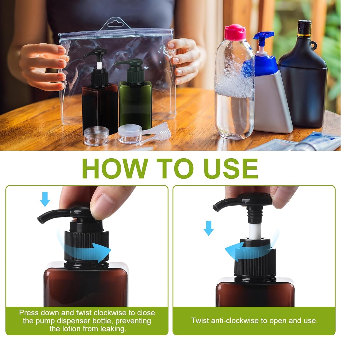 Domensi 12 Pcs 100ml /3.4 oz Pump Bottle Mini Travel Bottles Small Dispenser Containers Plastic Pump Lotion Dispenser Empty Square Travel Size Containers Toiletries (Green,Brown)