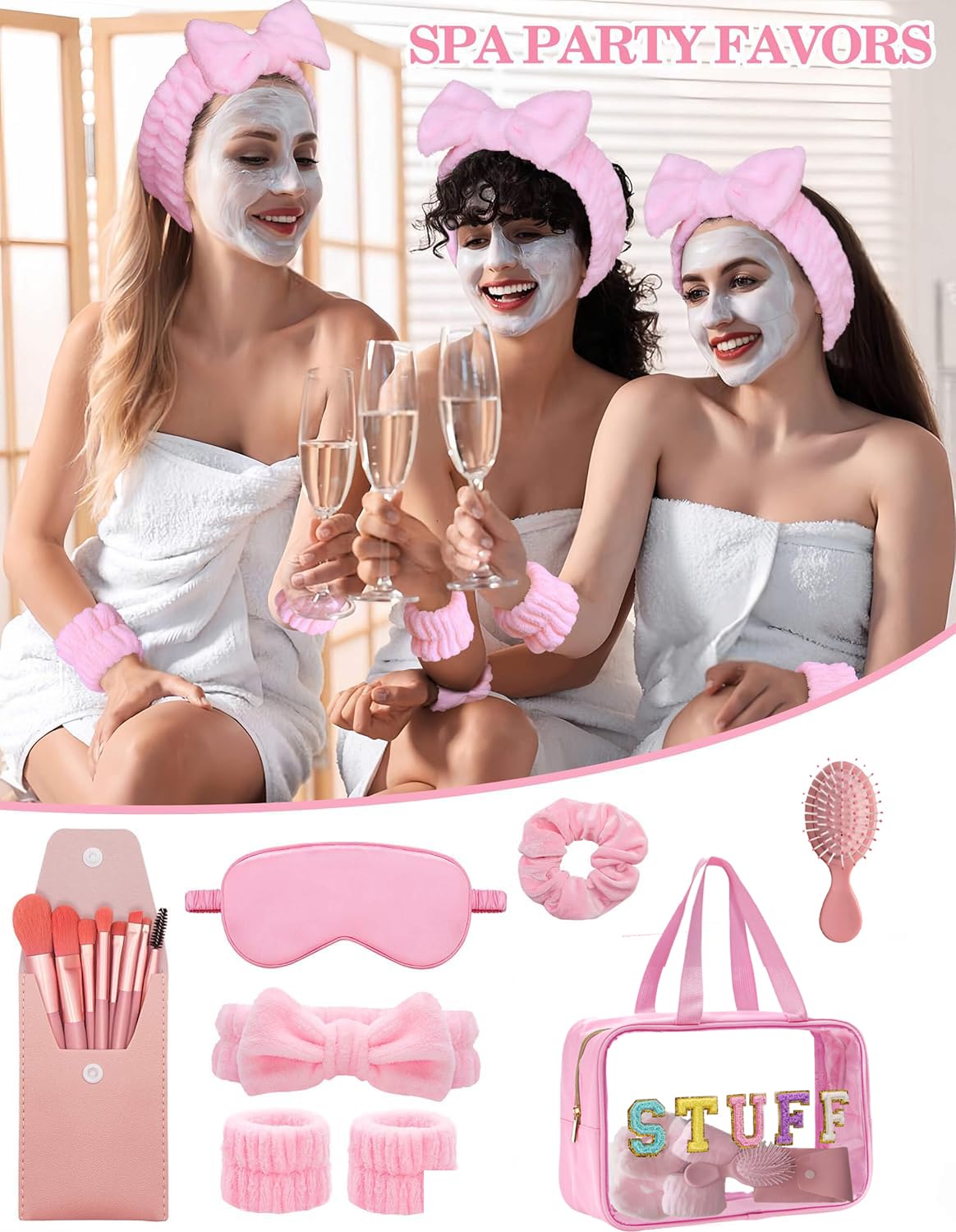 Spa Day Kit for Women - Sleepover Gift Set For Girls Pink Spa Kit and Mini Wet Hair Brush,Teens Initial Makeup Kit with Makeup Brush Set,Bridesmaids Party Favors-Waterproof Toiletry Travel Bag.