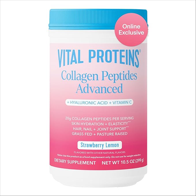 Vital Proteins Collagen Peptides Advanced, Hydrolyzed Peptides with Hyaluronic Acid and Vitamin C - Strawberry Lemon Flavor Powder, 10.5oz