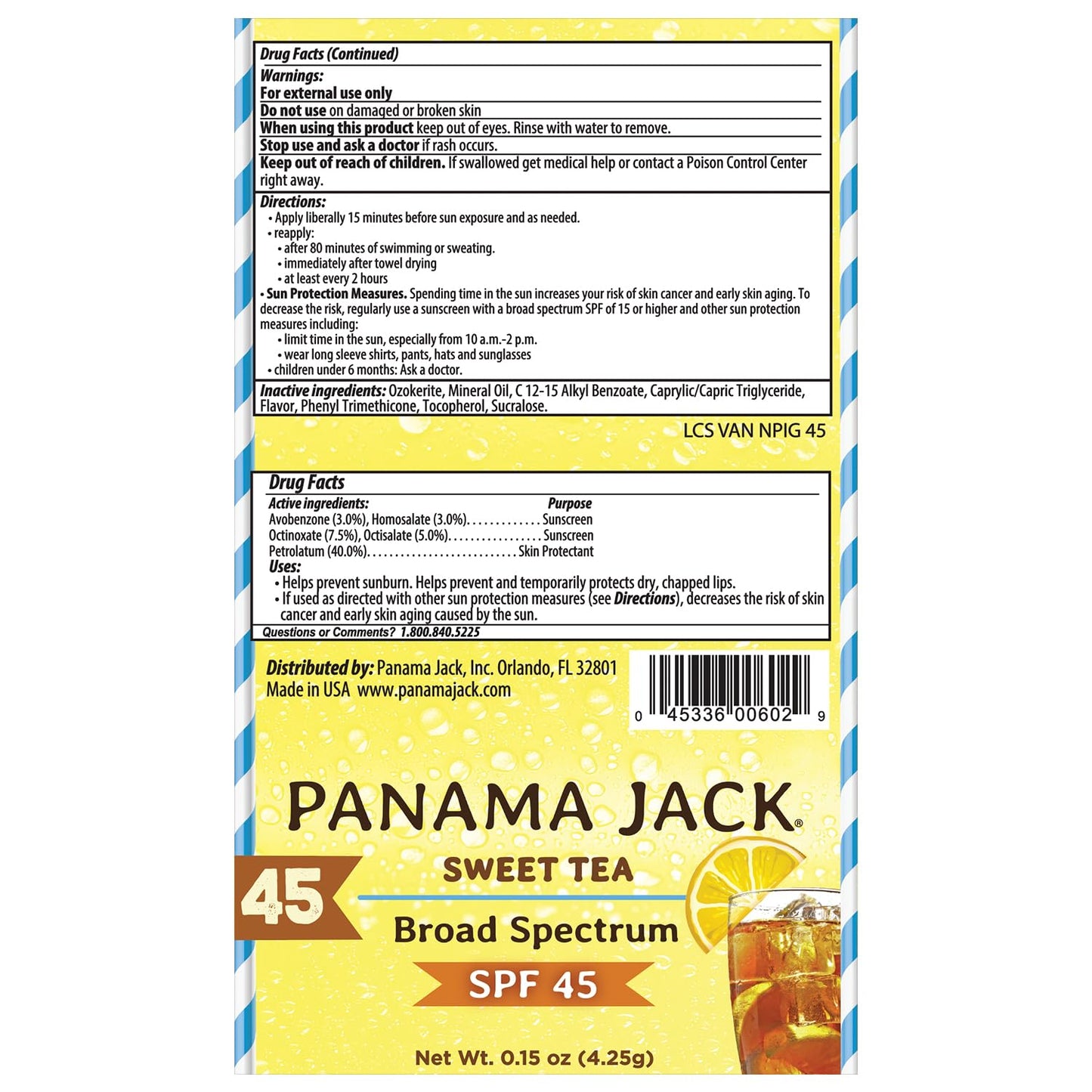Panama Jack Sunscreen Lip Balm - SPF 45, Broad Spectrum UVA-UVB Sunscreen Protection, Prevents & Soothes Dry, Chapped Lips, Sweet Tea, 2-pack