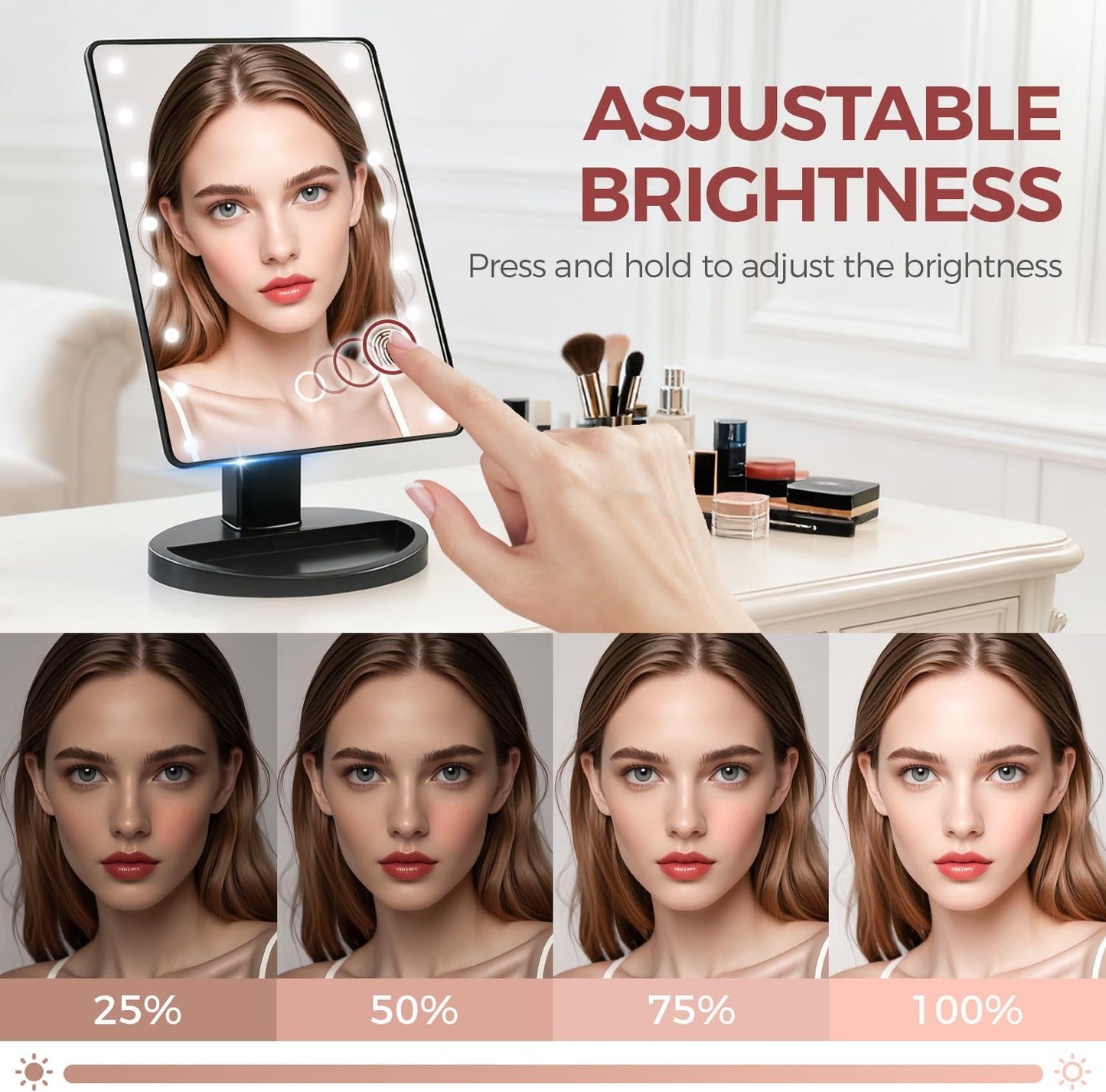 KOOKIN Lighted Vanity Makeup Mirror Led Lights 180 Degree Rotation Lighted Mirror Touch Screen Adjusted Brightness Desk Mirrors USB Dual Supply Bathroom Beauty Cosmetic Mirrors (Black)