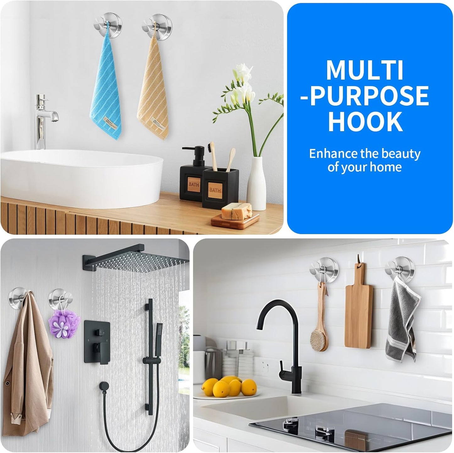 Suction Cup Hooks for Shower No Drill - Heavy Duty Stainless Steel Bathroom Hooks, Wall Mounted for Towels, Robes, Loofah - Works on Tile, Glass, Mirror, Kitchen (Gold, 2 Pack)