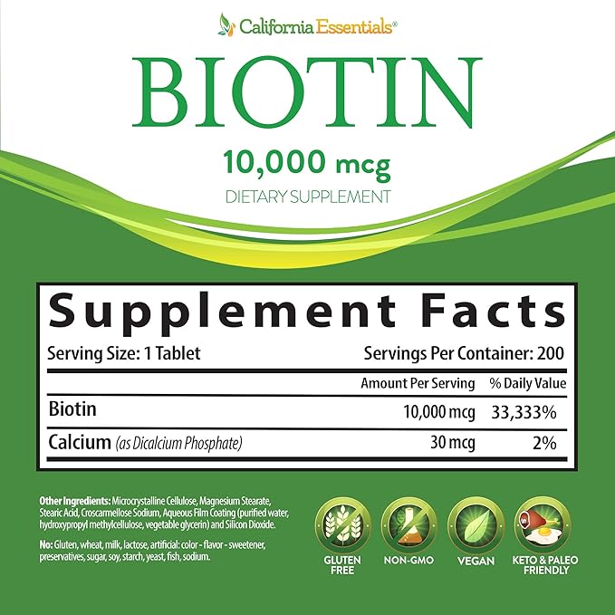 California Essentials Biotin 10000mcg | Vitamin B7 Promotes Healthy Skin, Hair & Nail Growth | High Potency Dietary Supplement for Men & Women | Non-GMO, Vegan, Gluten & Dairy Free (200 Tablets)