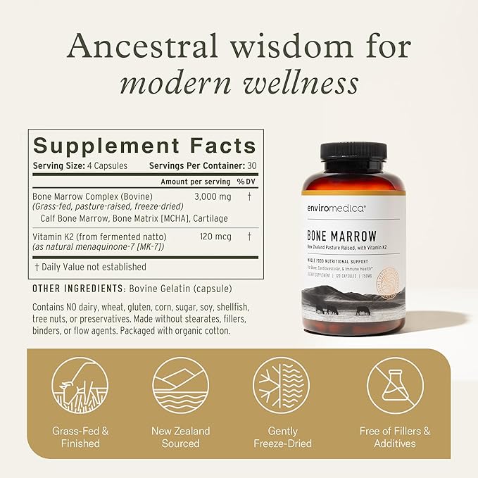 Enviromedica Bone Marrow Supplement - Pastured Grass-Fed Beef Marrow Bones Complex, MCHA, Cartilage, Bovine Collagen & Vitamin K2 (MK7) for Cardiovascular, Joint Health, Immune Support, 120 Capsules