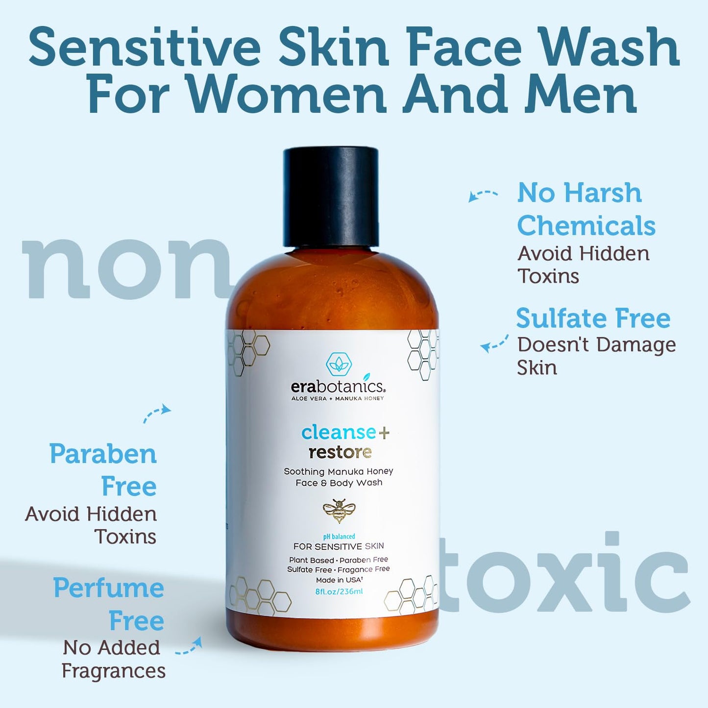 Era Organics Manuka Honey Face Wash for Sensitive Skin - Sulfate Free Gentle Cleanser with Organic Aloe Vera, Hyaluronic Acid & More - Soothing & Moisturizing for Dry Skin - Made in USA (4 oz)