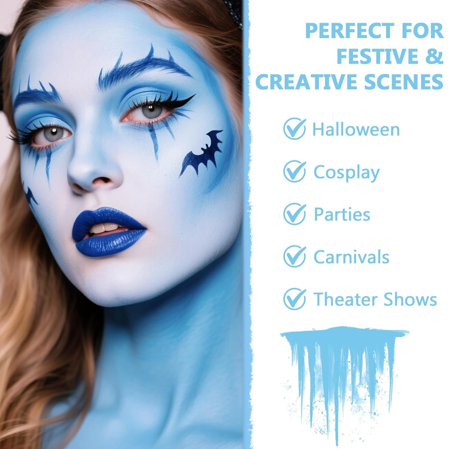 Face Body Paint Kit for Kids & Adults, Non-Toxic Water-Based Professional Face Painting Palette with Brushes for Halloween Clown Goth Vampire SFX Makeup, Art Stage Cosplay Parties, Sky Blue