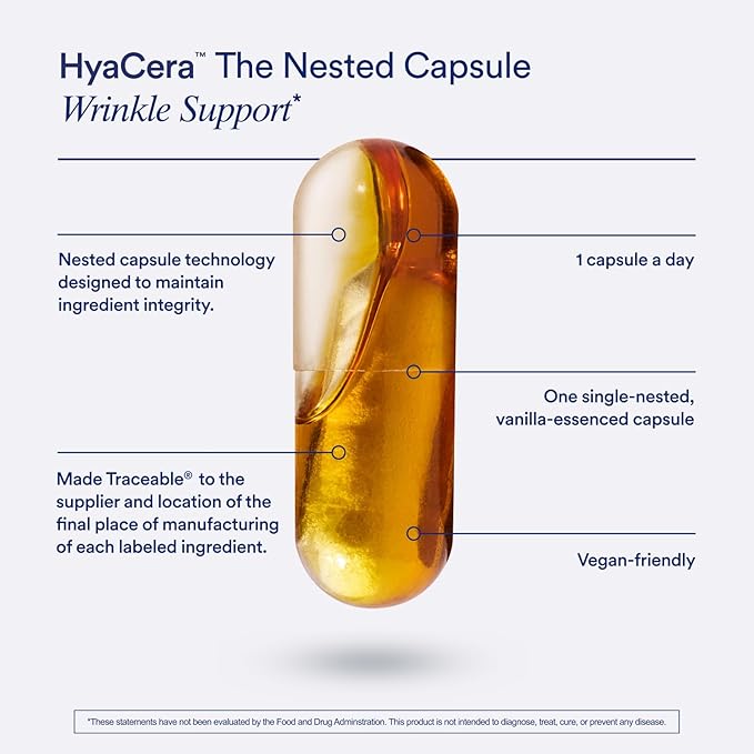 Ritual HyaCera Skin Supplement for Wrinkle Support, with Hyabest® and Ceratiq® for Skin Hydration Support, Hyaluronic Acid, Glycolipids, Ceramides, Gluten Free, Non GMO, Vanilla Essence, 30 Day Supply