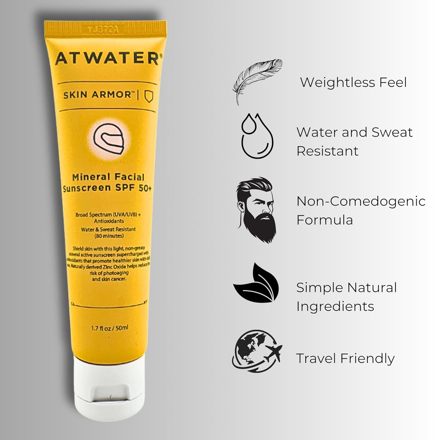 ATWATER Skin Armor Mineral Face Sunscreen SPF 50+, Ultra Light All-in-One Sunblock Moisturizer for Men and Women, Water & Sweat Resistant - 1.7 oz (2-Pack)