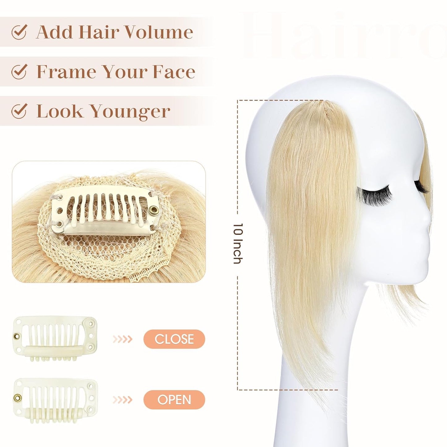 Hairro Clip in Wave Side Bangs Extensions, 100% Human Hair 2 PCS Clip on Middle Part French Bangs Thin Sides Swept Fringe Hairpieces