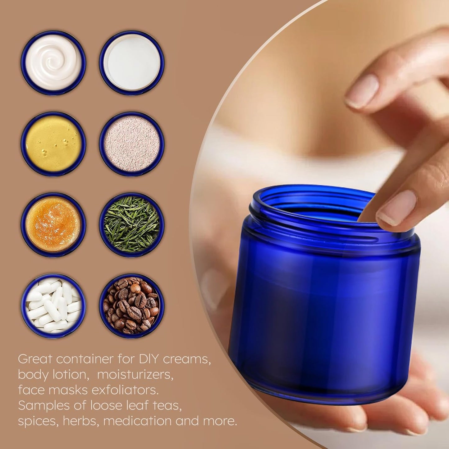 Tecohouse 4 oz Glass Jars with Lids, 48 Pack Blue Cream Canning Mason Jars with Lids, White Labels & Inner Liners, Empty Airtight Round Clear Slime Containers for Spice, Lotion, Ointments