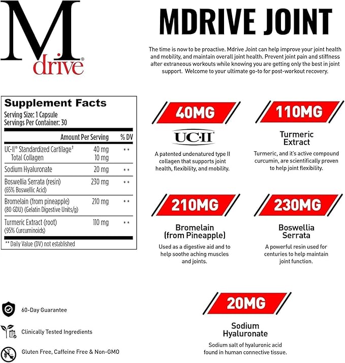 Mdrive Joint Support Supplement for Men - Supports Healthy Joint Function, Flexibility, Comfort & Mobility - Features UC-II Collagen, Turmeric Curcumin & Sodium Hyaluronate from Hyaluronic Acid, 30ct