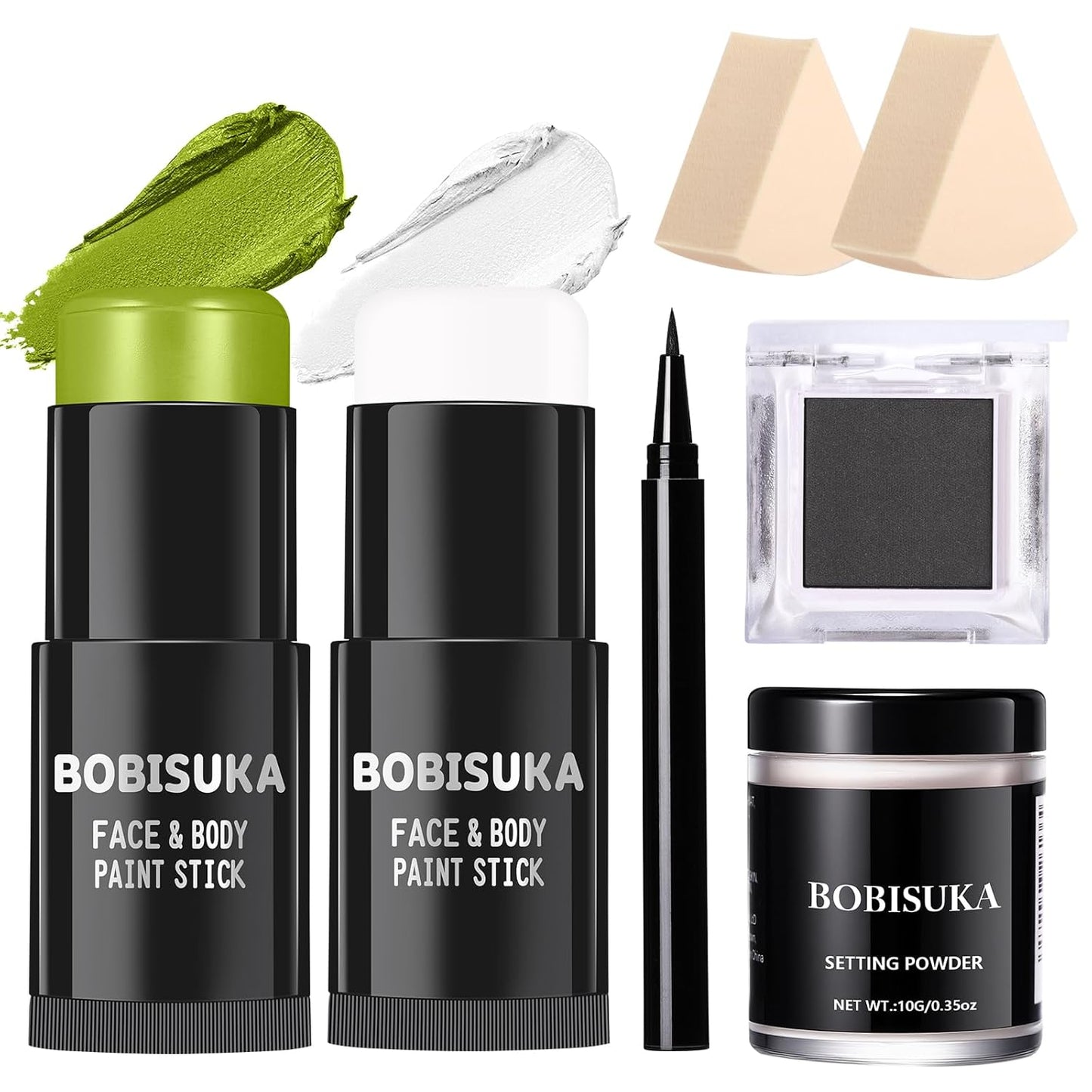 BOBISUKA Light Green & White Face Body Paint Stick Kit with Black Eyeshadow, Black Liquid Eyeliner, Setting Powder & 2 Sponges – Halloween Cosplay Makeup Set for Witch, Beetle Juice, Monster, Goblin