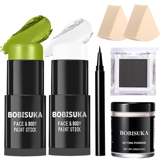 BOBISUKA Light Green & White Face Body Paint Stick Kit with Black Eyeshadow, Black Liquid Eyeliner, Setting Powder & 2 Sponges – Halloween Cosplay Makeup Set for Witch, Beetle Juice, Monster, Goblin