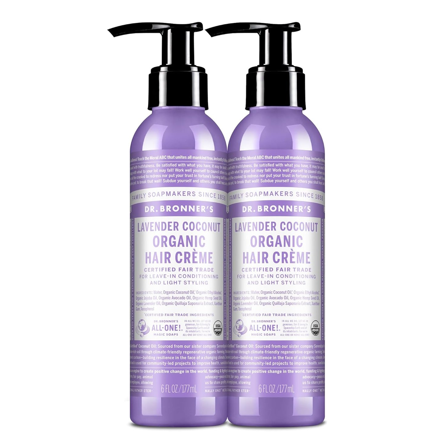 Dr. Bronner's - Organic Hair Crème - Lavender Coconut, Leave-In Conditioner & Styling Cream, Made w/Organic Oils, Hair Cream Supports Shine & Strength, Nourishes Scalp, Non-GMO (6oz, 2-Pack)