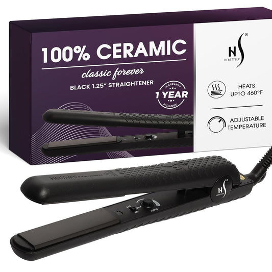 HerStyler Forever Straightening Flat Iron - Travel Friendly Dual Voltage Flat Iron 1.25 inch - Ceramic Hair Straightener for Silken Hair - Negative Ion Technology to Fight Frizz