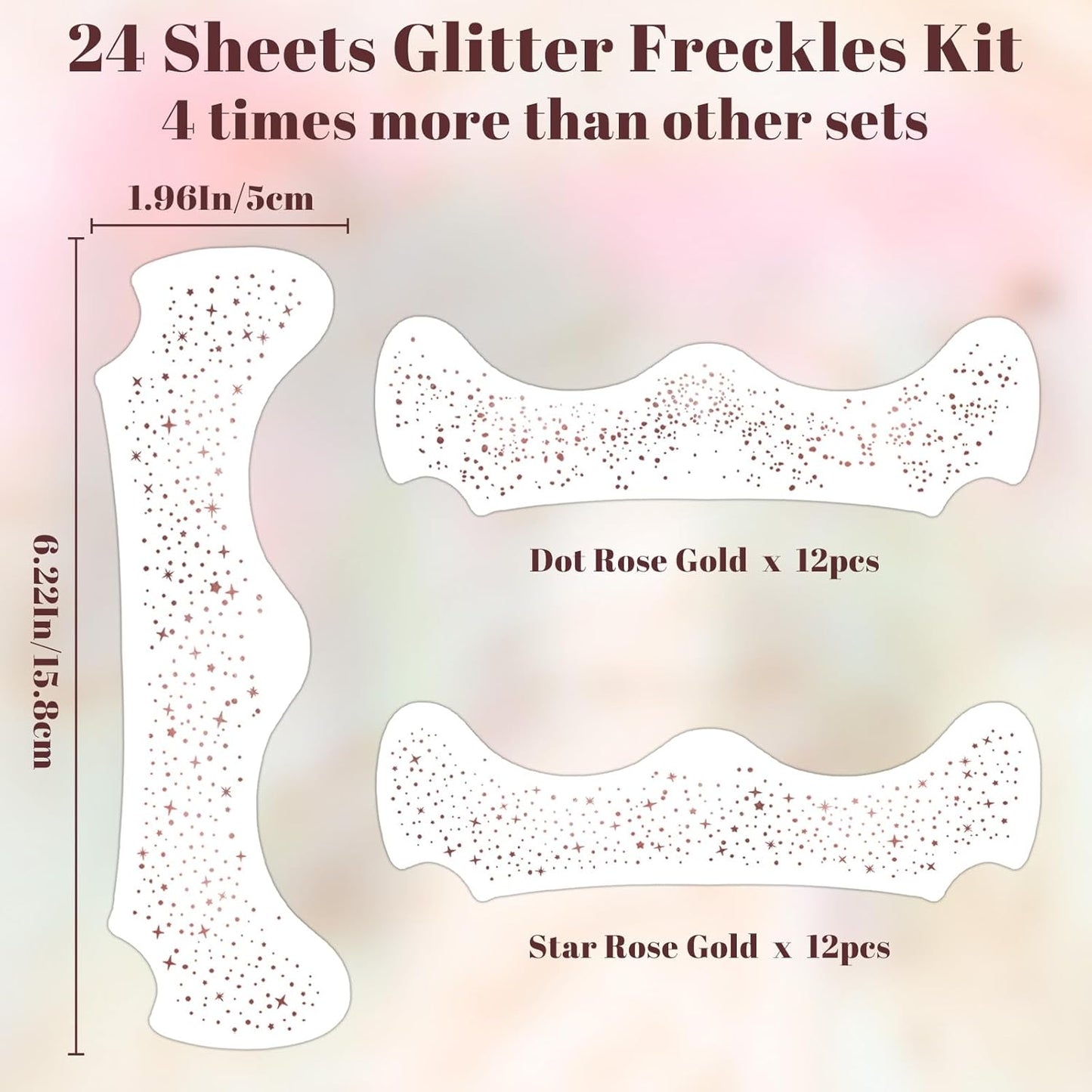 24pcs Glitter Freckles Face Tattoo - Rose Gold Face Sparkle Freckles Temporary Tattoos for Women Girls, Waterproof & Long Lasting Freckles Makeup Patches for Party, Concerts, Daily Accessories