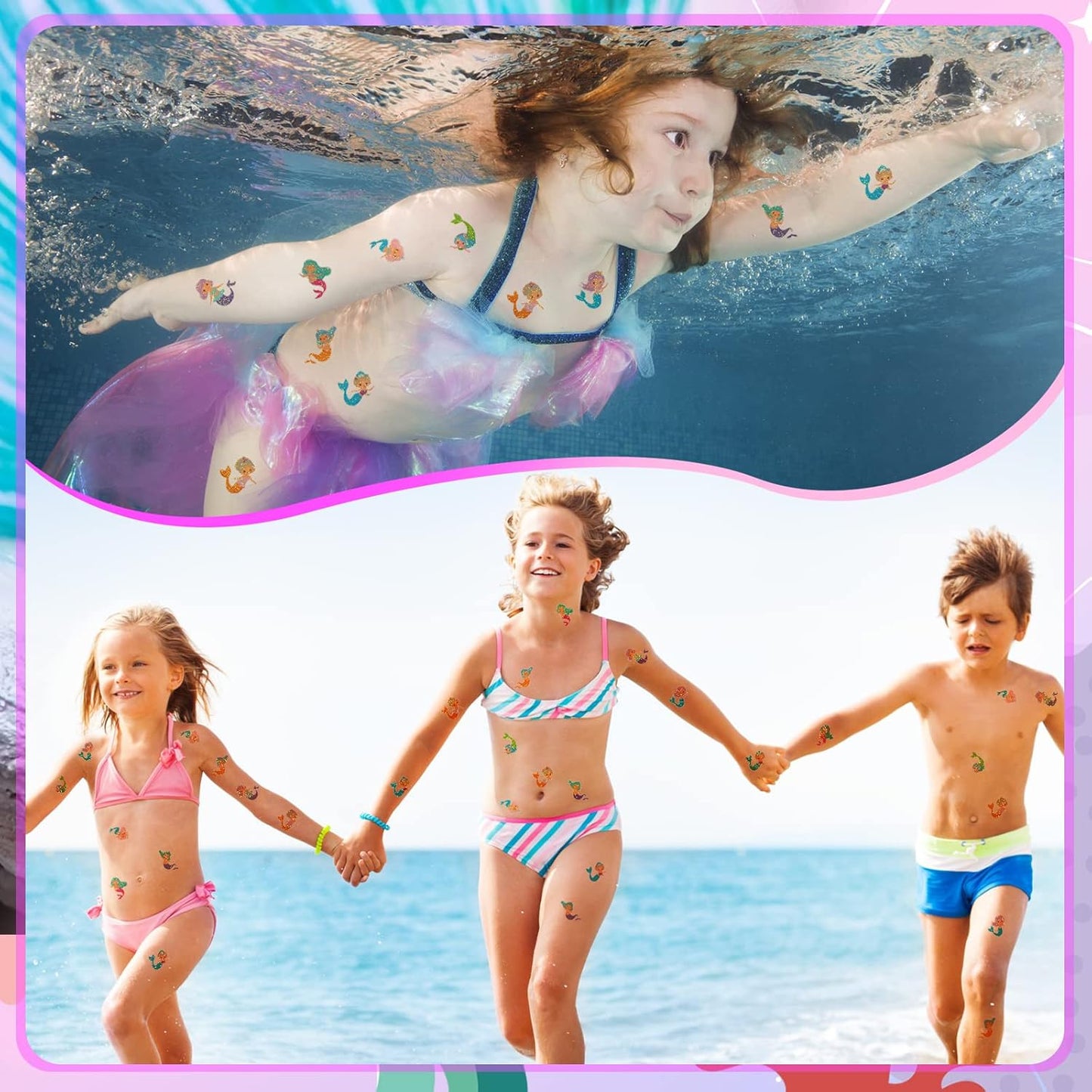 240 Pcs Glitter Mermaid Temporary Tattoos for Kids Mermaid Tattoos Party Favors Assorted Mermaid Tattoos Stickers for Girls Women Body Face Arm Mermaid Birthday Summer Beach Party Favors