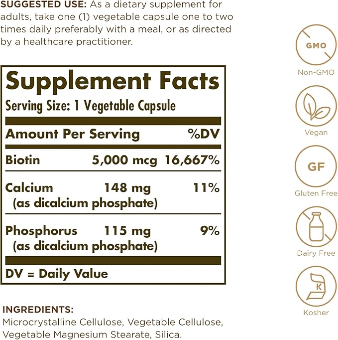 SOLGAR Biotin 5000 mcg - 100 Vegetable Capsules - Supports Healthy Skin, Nails & Hair - Non-GMO, Vegan, Gluten Free, Dairy Free, Kosher - 100 Servings