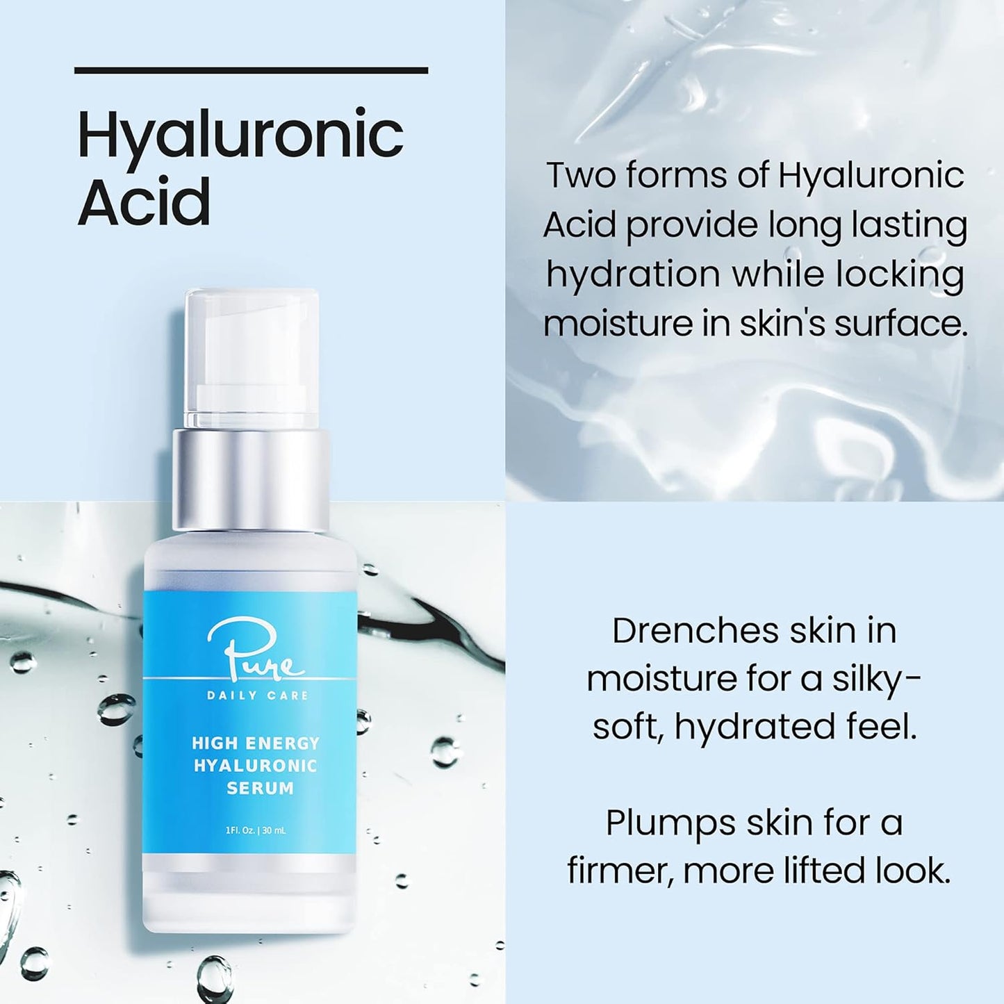 Pure Daily Care High Energy Hyaluronic Serum (1oz) - Hydrating Clinical Grade Hyaluronic Acid Serum