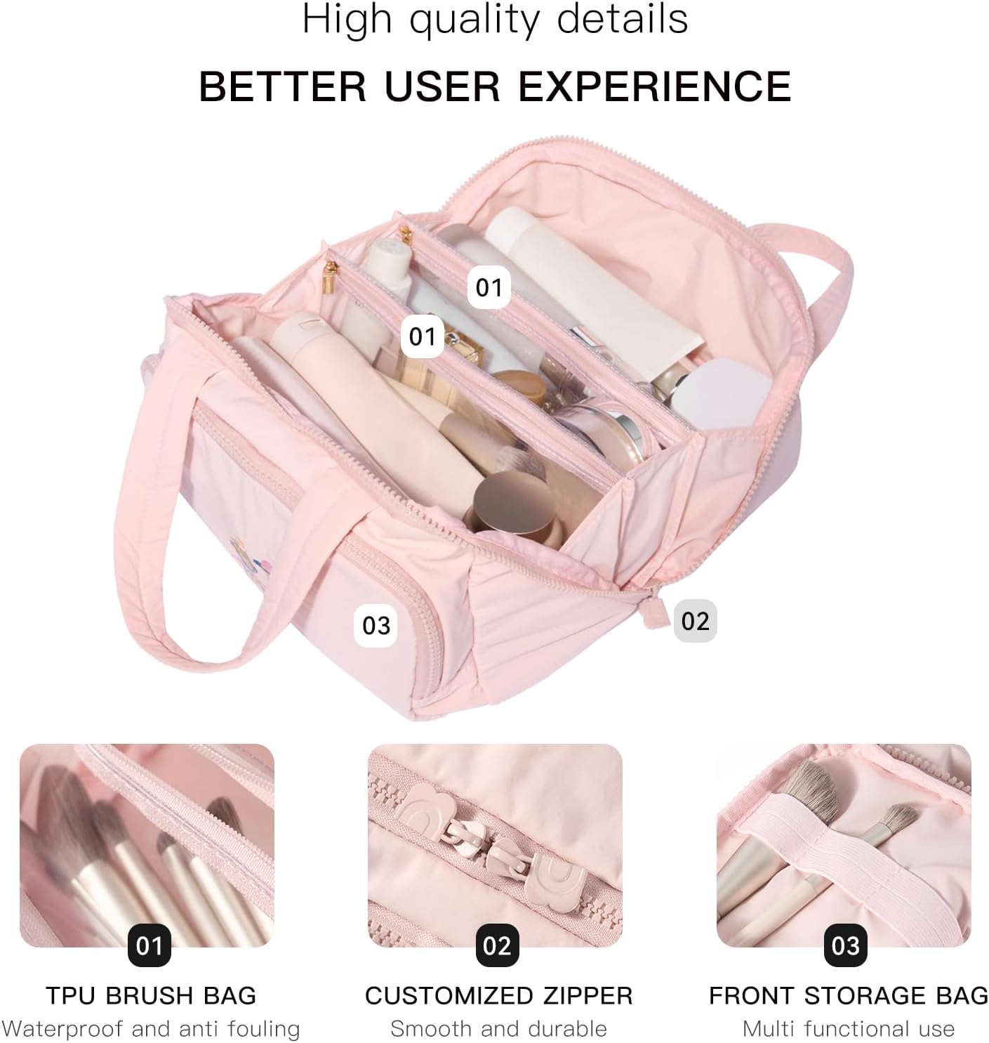 Makeup bag, Large Capacity Cosmetic Bag for Women, Portable Wide-open Toiletry Bag, Travel Makeup Bag with TPU Compartments for Accessories, Essentials, Toiletries, Makeup Brush Bag, Pink