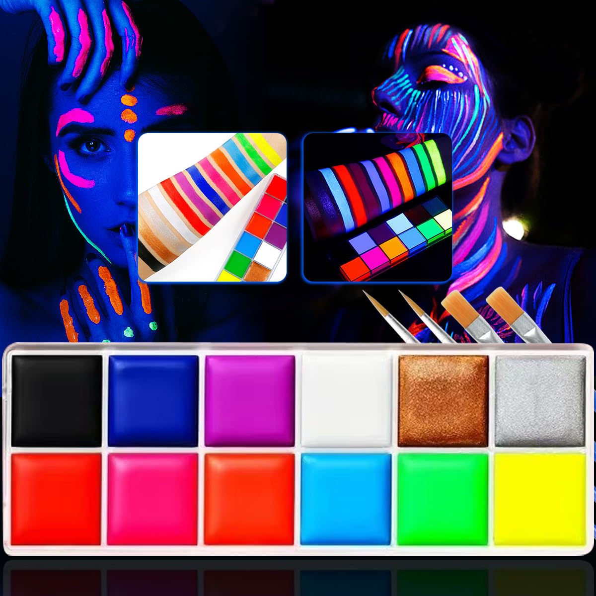Glow in The Dark Face Body Paint, Glow In The Dark Under UV Black Light Sticks Makeup Neon Face Painting Kits for Adult Halloween Festival Accessory Glow Party Supplies (12 color Painting)