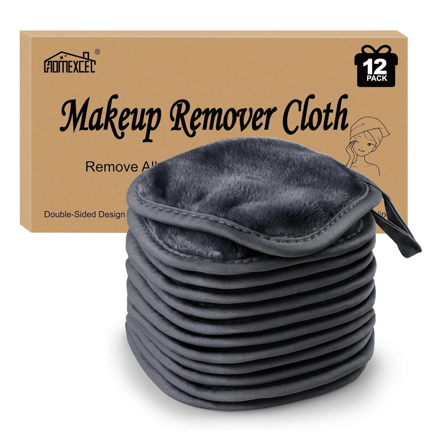 HOMEXCEL Makeup Remover Cloth 12 Count (Pack of 1), Reusable Makeup Remover Pads, Washable Ultra Soft Facial Cleansing Cloths For All Skin Types, 5 X 5 In, Black