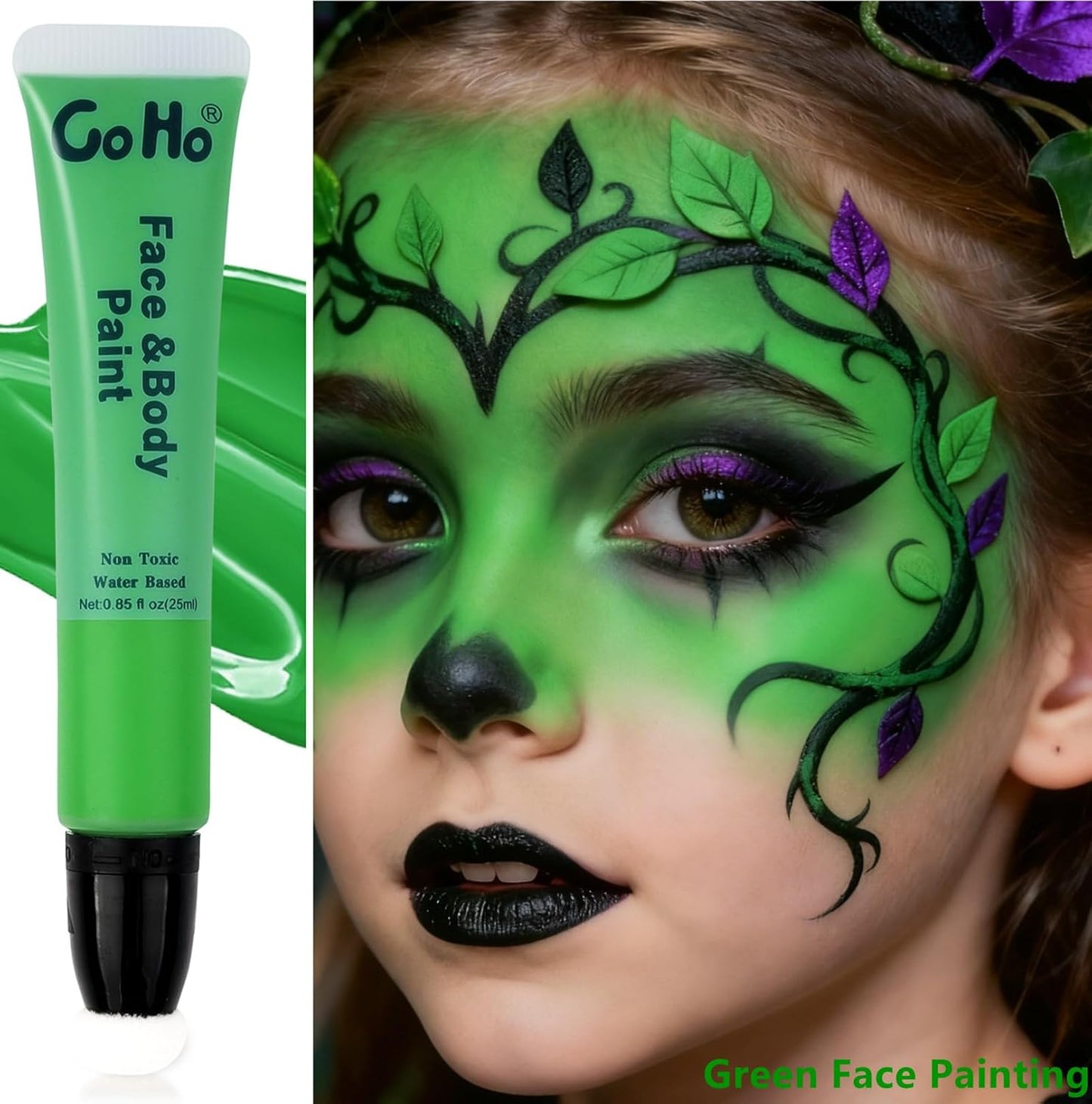Go Ho Green Face Paint Stick,Water Based Cream Body Paint Washable,Highly Pigmented,Smooth and Safe for Skin,Halloween Cosplay SFX Makeup,Green Witch Costume Face Paint