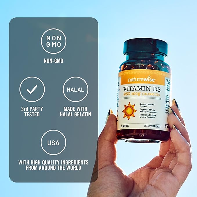 NatureWise Vitamin D3 10,000IU (250 mcg) Extra Strength for Healthy Muscle Function and Immune Support, Non-GMO, Gluten Free in Organic Extra Virgin Olive Oil, Softgel, 90 Count[3-Month Supply]