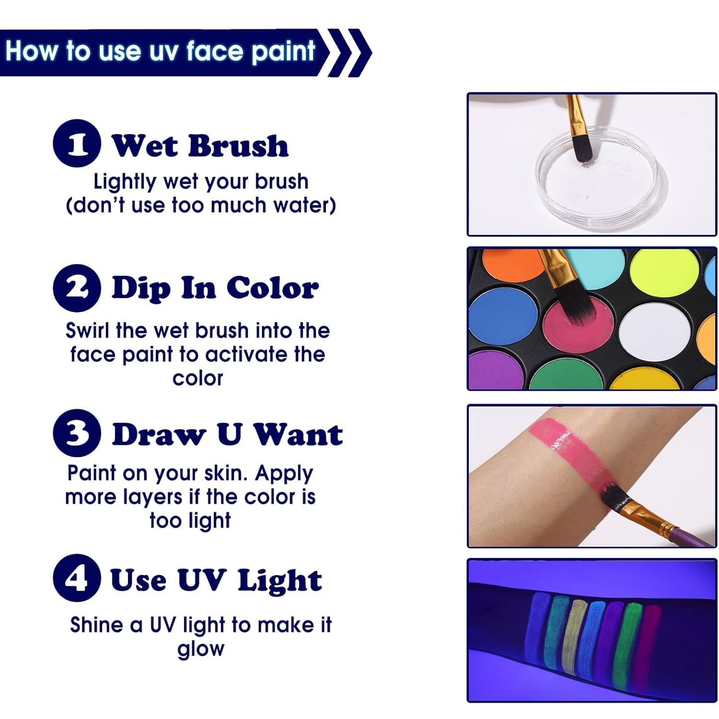 15 Colors Glow Neon Face Paint, Water Activated UV Face Paint, Neon Glow in The Dark Body Paint Washable Eyeliner Face Painting for Party, Halloween, Festival, Rave