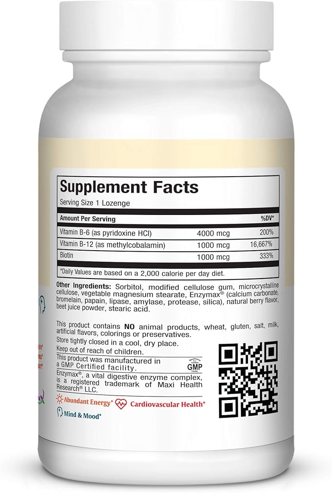 Maxi Health Triple B Lozenges - Vitamin B12 & B6 & Biotin - Strawberry Flavor - 90 Chewies - Kosher